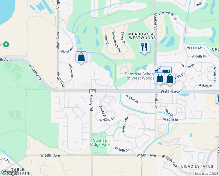 map of restaurants, bars, coffee shops, grocery stores, and more near 16920 West 64th Drive in Arvada