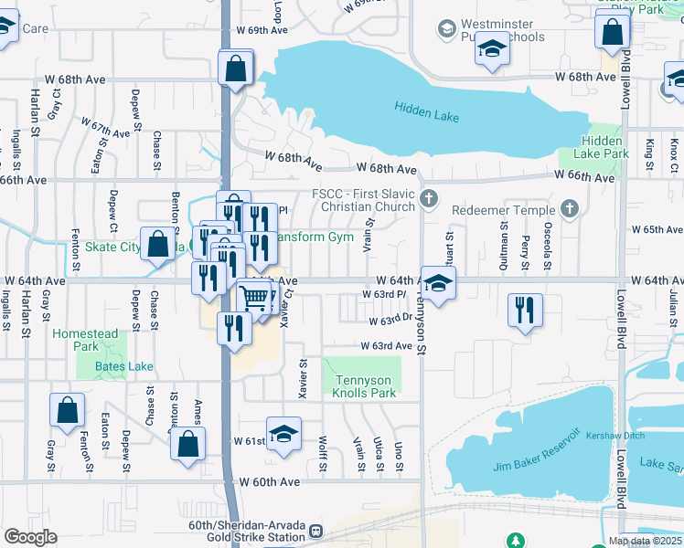 map of restaurants, bars, coffee shops, grocery stores, and more near 6405 Winona Court in Arvada