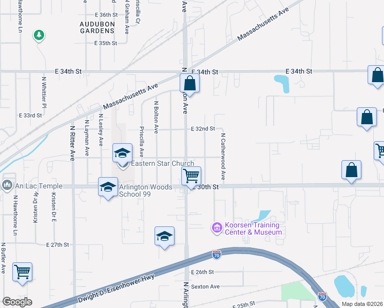 map of restaurants, bars, coffee shops, grocery stores, and more near 3103 North Arlington Avenue in Indianapolis