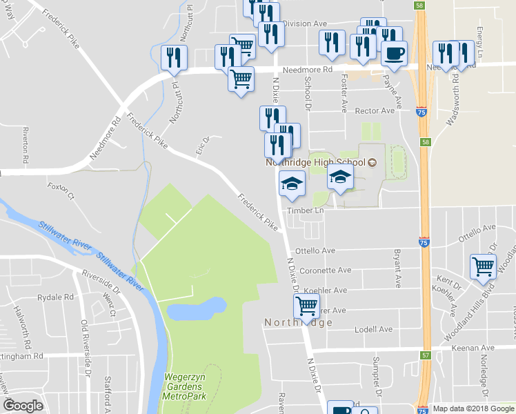 map of restaurants, bars, coffee shops, grocery stores, and more near 4570 Frederick Pike in Dayton