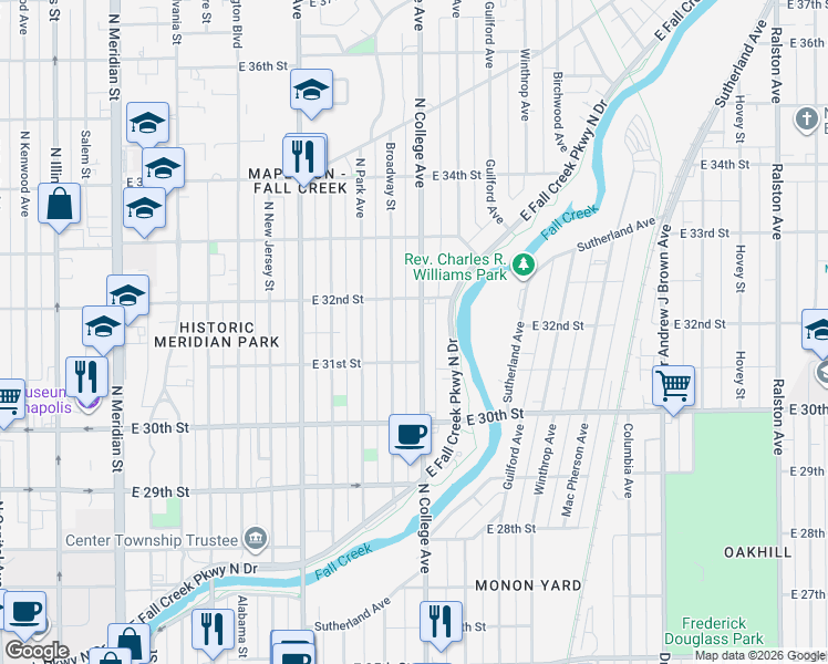map of restaurants, bars, coffee shops, grocery stores, and more near 3128 North College Avenue in Indianapolis