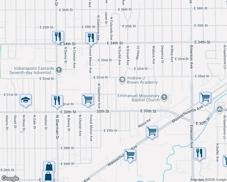 map of restaurants, bars, coffee shops, grocery stores, and more near 3108 North Euclid Avenue in Indianapolis