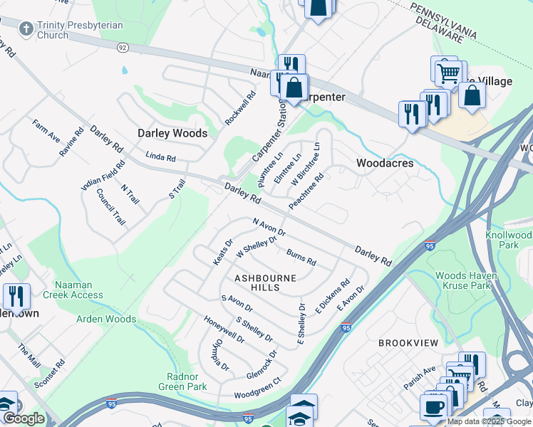 map of restaurants, bars, coffee shops, grocery stores, and more near 707 Darley Road in Claymont