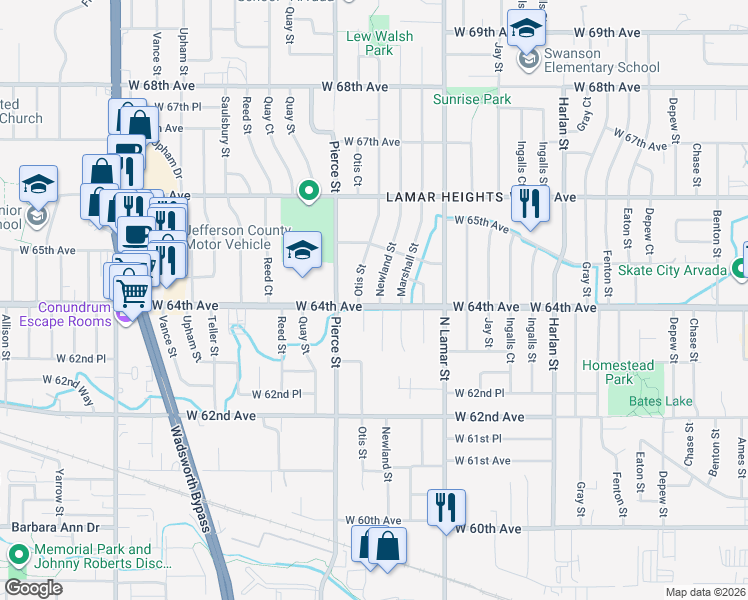 map of restaurants, bars, coffee shops, grocery stores, and more near 6405 Newland Street in Arvada