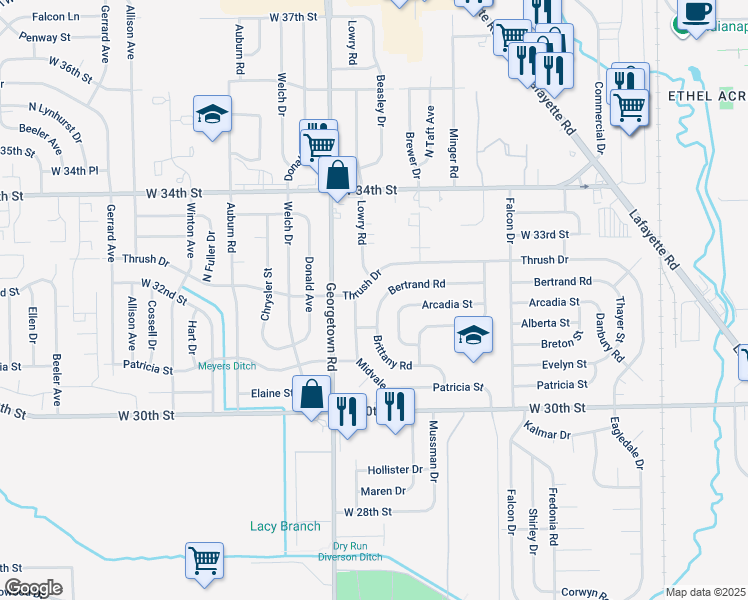map of restaurants, bars, coffee shops, grocery stores, and more near 4620 Bertrand Road in Indianapolis