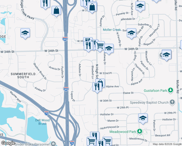 map of restaurants, bars, coffee shops, grocery stores, and more near 3218 Bluebell Lane in Indianapolis