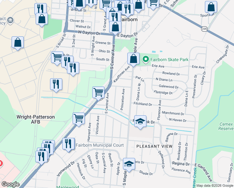 map of restaurants, bars, coffee shops, grocery stores, and more near 820 Washington Avenue in Fairborn