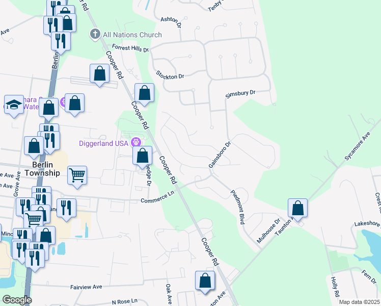 map of restaurants, bars, coffee shops, grocery stores, and more near 21 Remington Dr in West Berlin