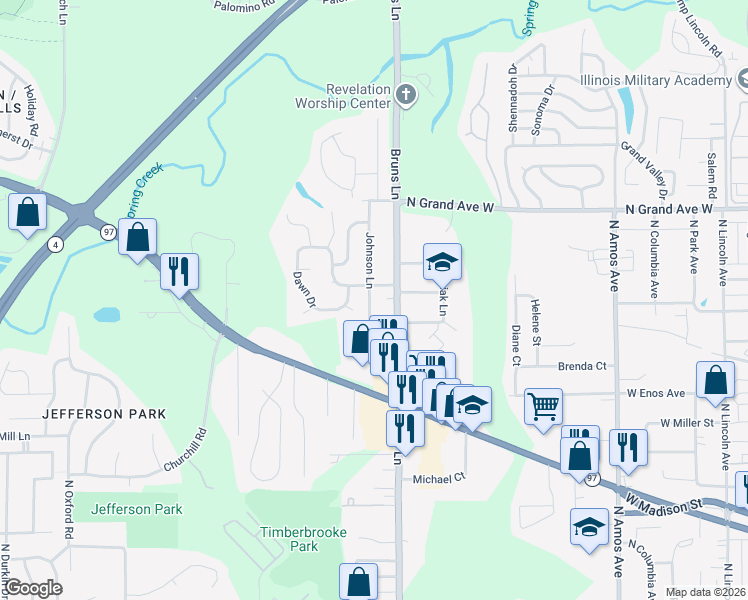 map of restaurants, bars, coffee shops, grocery stores, and more near 912 Johnson Lane in Springfield