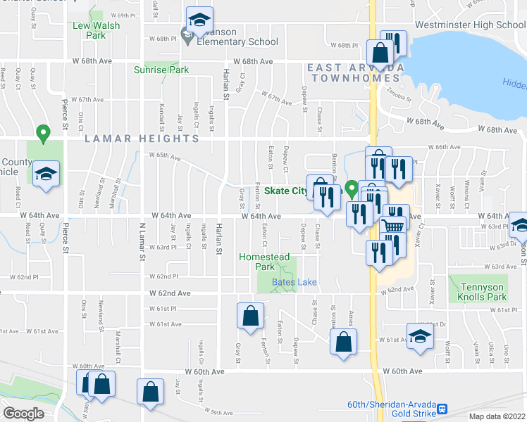 map of restaurants, bars, coffee shops, grocery stores, and more near 5789 West 64th Avenue in Arvada