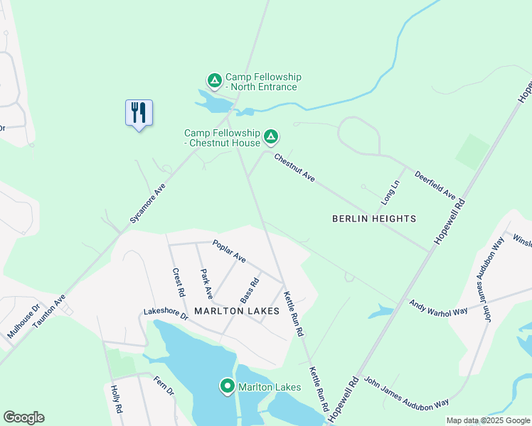 map of restaurants, bars, coffee shops, grocery stores, and more near 530 Kettle Run Road in Evesham