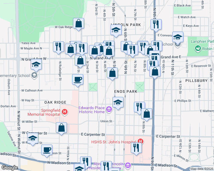 map of restaurants, bars, coffee shops, grocery stores, and more near 1020 North 4th Street in Springfield