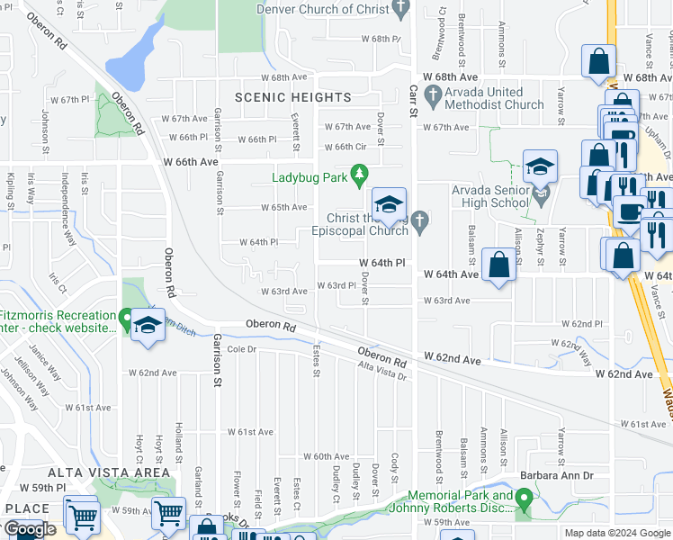 map of restaurants, bars, coffee shops, grocery stores, and more near 8760 W 64th Pl in Arvada