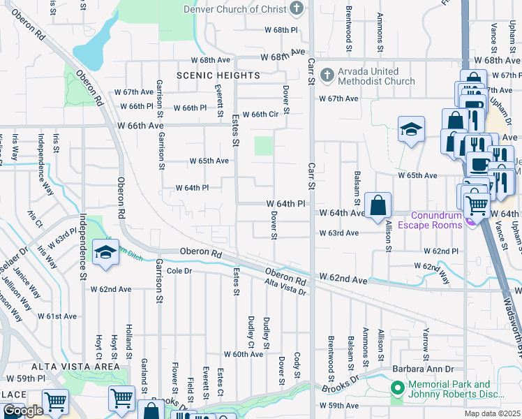 map of restaurants, bars, coffee shops, grocery stores, and more near 8760 West 64th Place in Arvada