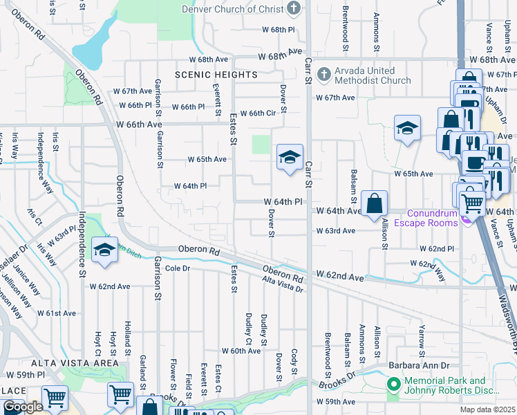 map of restaurants, bars, coffee shops, grocery stores, and more near 8760 West 64th Place in Arvada