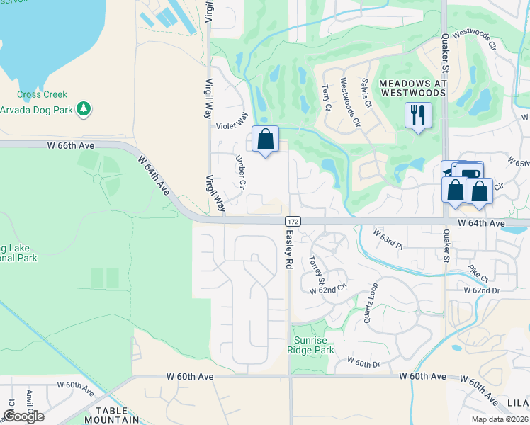 map of restaurants, bars, coffee shops, grocery stores, and more near 17351 West 64th Avenue in Arvada