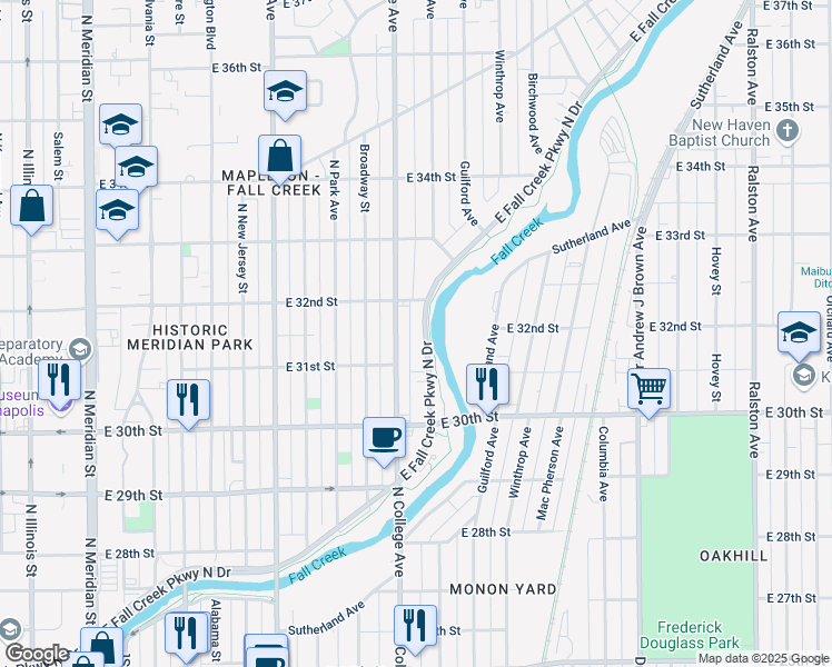 map of restaurants, bars, coffee shops, grocery stores, and more near 3138 East Fall Creek Parkway North Drive in Indianapolis