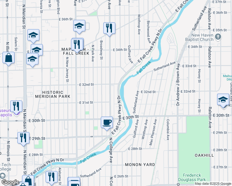 map of restaurants, bars, coffee shops, grocery stores, and more near 3138 East Fall Creek Parkway North Drive in Indianapolis