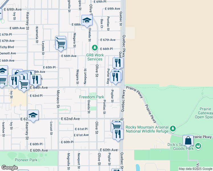 map of restaurants, bars, coffee shops, grocery stores, and more near 6401 Porter Way in Commerce City