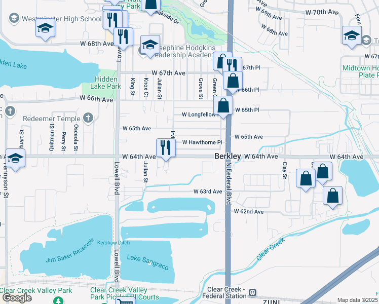 map of restaurants, bars, coffee shops, grocery stores, and more near 3205 West 64th Avenue in Denver