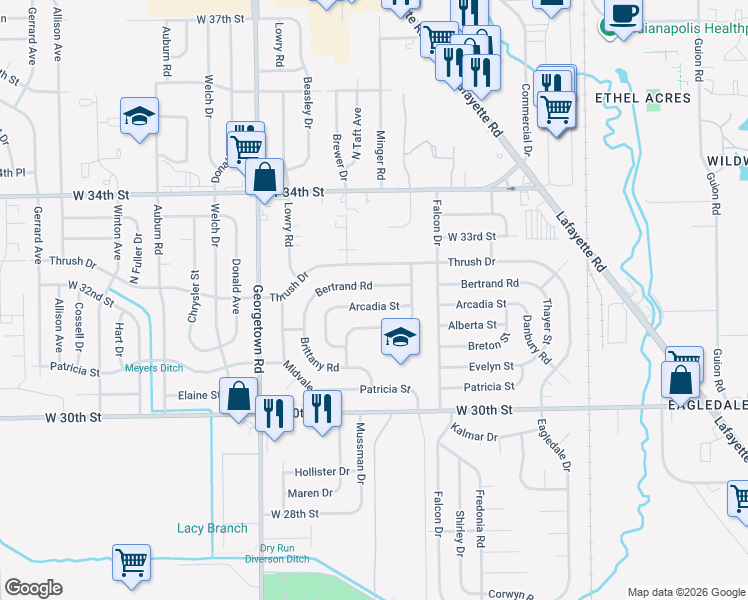 map of restaurants, bars, coffee shops, grocery stores, and more near 4402 Arcadia Street in Indianapolis