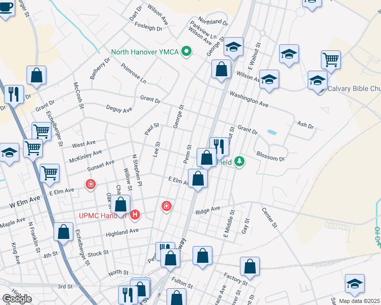 map of restaurants, bars, coffee shops, grocery stores, and more near 301 Penn St in Hanover