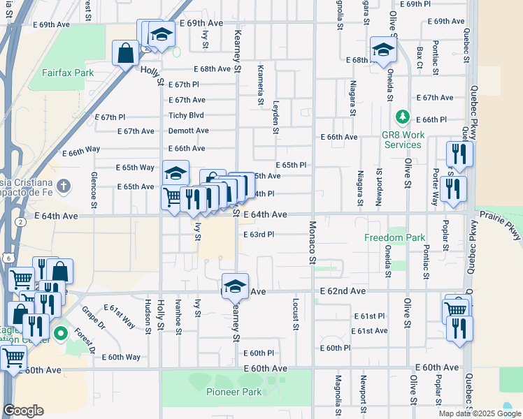 map of restaurants, bars, coffee shops, grocery stores, and more near 6209 East 64th Avenue in Commerce City