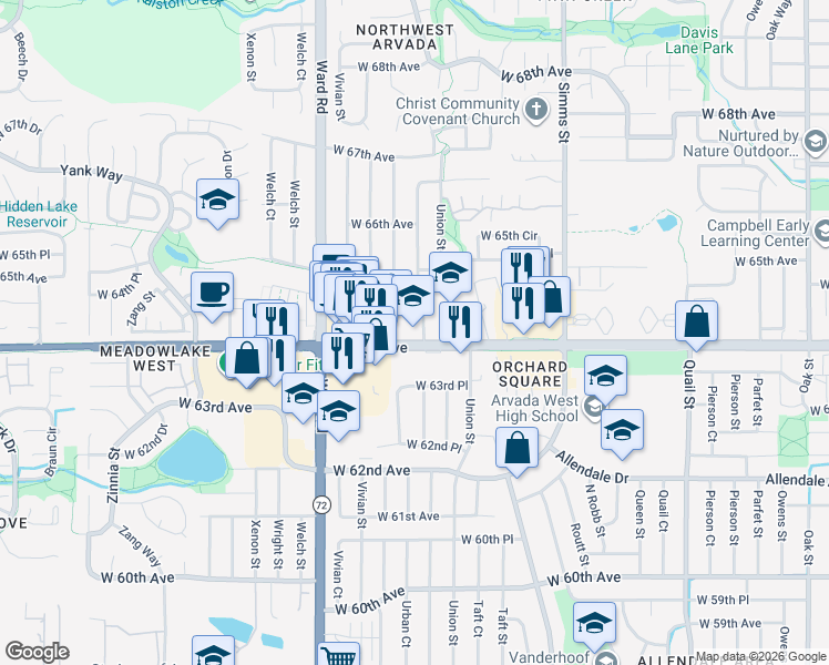 map of restaurants, bars, coffee shops, grocery stores, and more near 12191 West 64th Avenue in Arvada