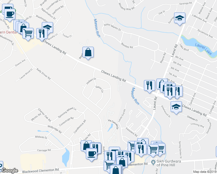 map of restaurants, bars, coffee shops, grocery stores, and more near 4 Bruce Drive in Laurel Springs