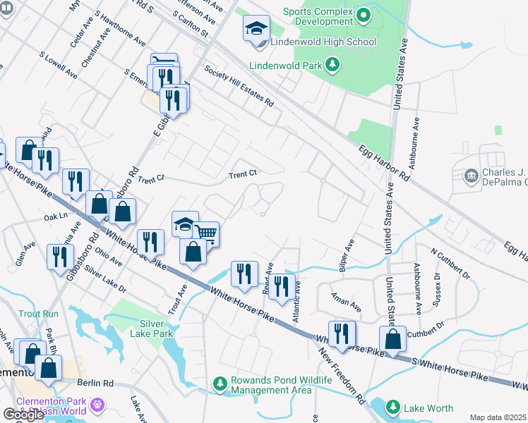 map of restaurants, bars, coffee shops, grocery stores, and more near 24 Dover Court in Clementon
