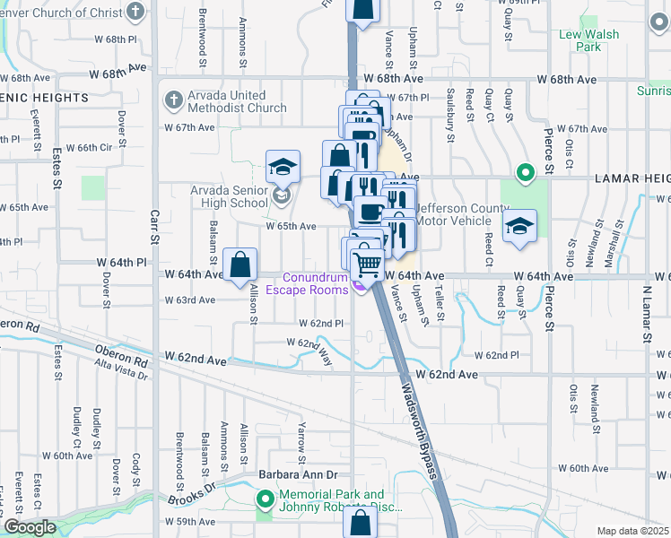 map of restaurants, bars, coffee shops, grocery stores, and more near 7695 West 64th Avenue in Arvada