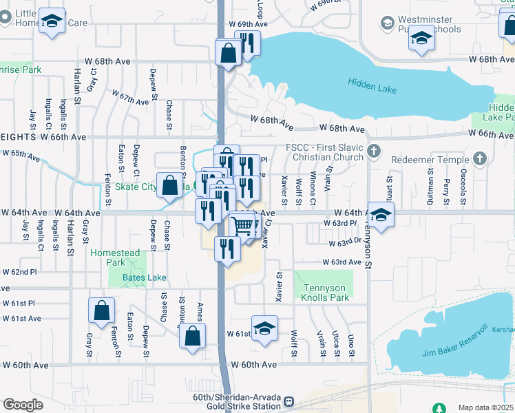 map of restaurants, bars, coffee shops, grocery stores, and more near 5017 West 64th Avenue in Arvada
