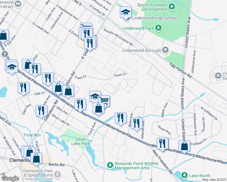 map of restaurants, bars, coffee shops, grocery stores, and more near 1505 Brand Avenue in Clementon