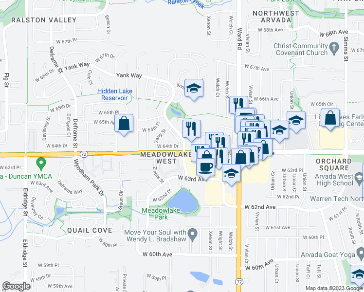 map of restaurants, bars, coffee shops, grocery stores, and more near 12350 West 64th Drive in Arvada