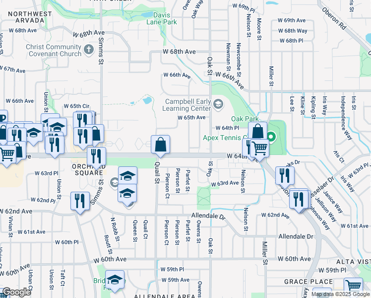 map of restaurants, bars, coffee shops, grocery stores, and more near 6401 Parfet Street in Arvada