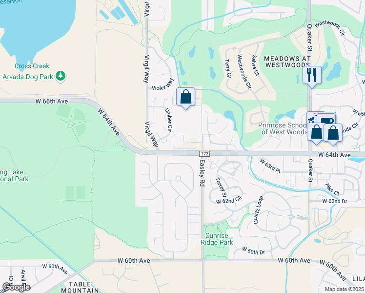 map of restaurants, bars, coffee shops, grocery stores, and more near 17351 West 64th Avenue in Arvada