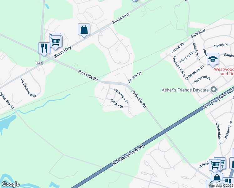 map of restaurants, bars, coffee shops, grocery stores, and more near 92 Ginger Drive in West Deptford