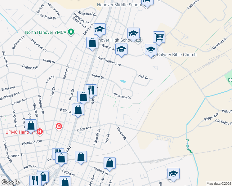 map of restaurants, bars, coffee shops, grocery stores, and more near 720 Blossom Drive in Hanover