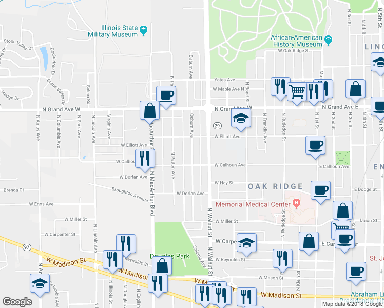 map of restaurants, bars, coffee shops, grocery stores, and more near 1022 Osburn Avenue in Springfield