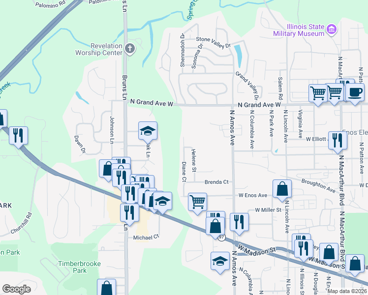 map of restaurants, bars, coffee shops, grocery stores, and more near 898 Diane Court in Springfield