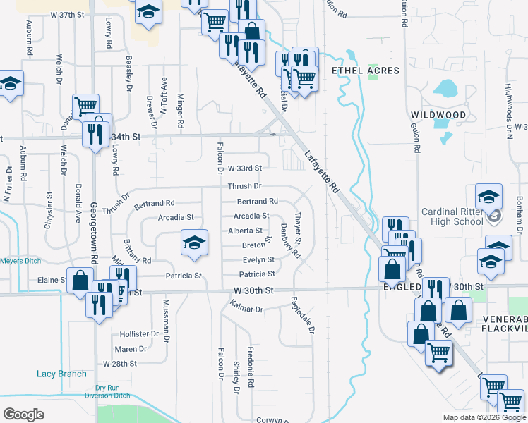 map of restaurants, bars, coffee shops, grocery stores, and more near 4001 Breton Street in Indianapolis