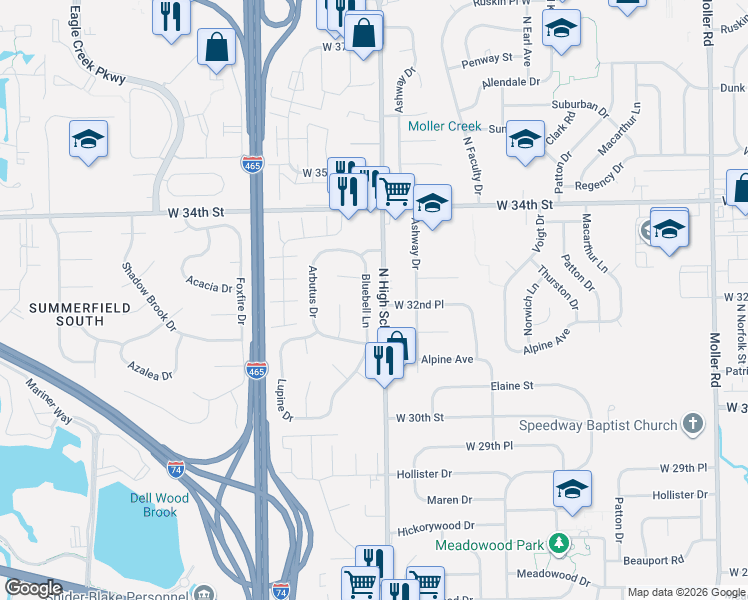 map of restaurants, bars, coffee shops, grocery stores, and more near 3218 Bluebell Lane in Indianapolis