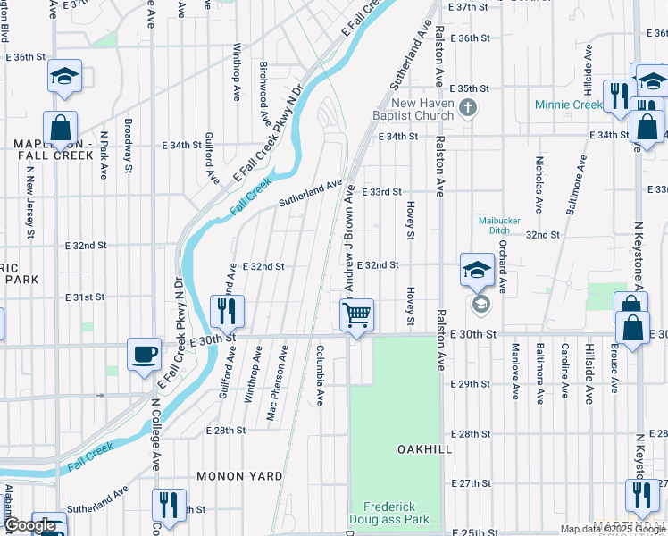 map of restaurants, bars, coffee shops, grocery stores, and more near 3132 Doctor Andrew J Brown Avenue in Indianapolis
