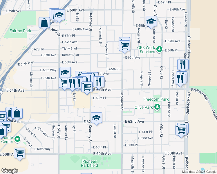 map of restaurants, bars, coffee shops, grocery stores, and more near 6351 East 64th Avenue in Commerce City