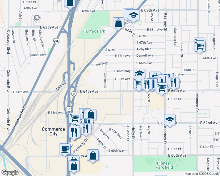 map of restaurants, bars, coffee shops, grocery stores, and more near 6400 Grape Street in Commerce City