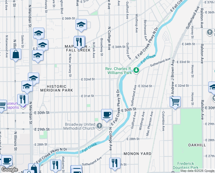 map of restaurants, bars, coffee shops, grocery stores, and more near 3128 North College Avenue in Indianapolis