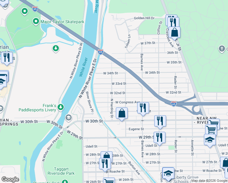 map of restaurants, bars, coffee shops, grocery stores, and more near 1347 West 32nd Street in Indianapolis