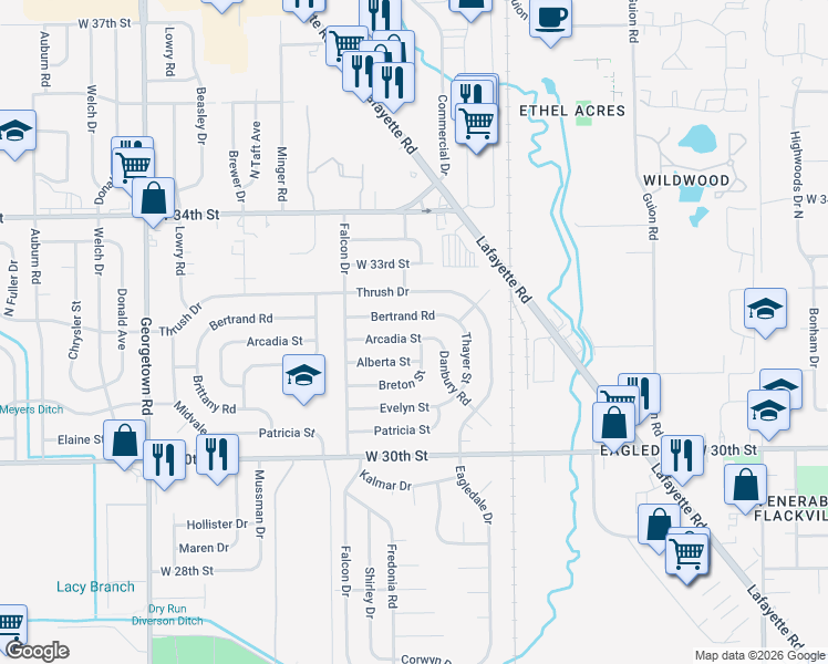 map of restaurants, bars, coffee shops, grocery stores, and more near 4001 Breton Street in Indianapolis