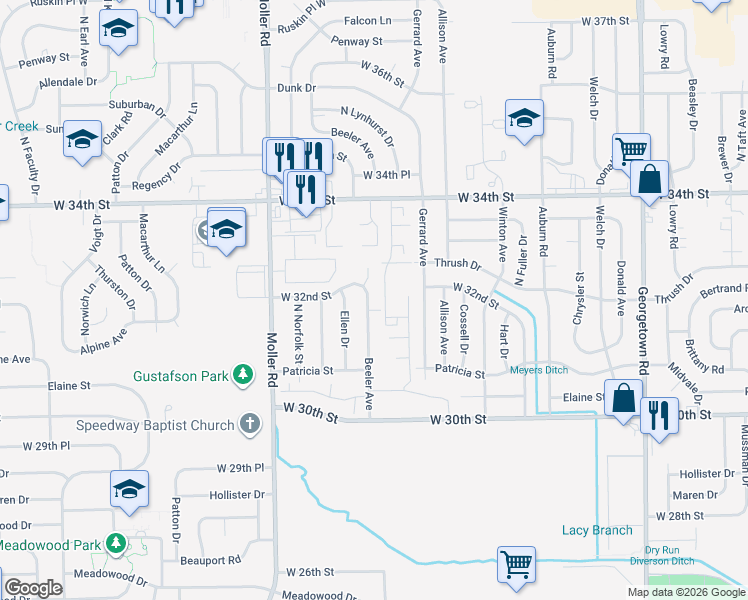 map of restaurants, bars, coffee shops, grocery stores, and more near 5218 West 32nd Place in Indianapolis