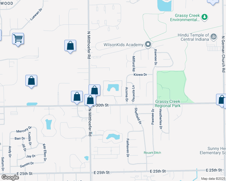 map of restaurants, bars, coffee shops, grocery stores, and more near 10270 30th Street in Indianapolis